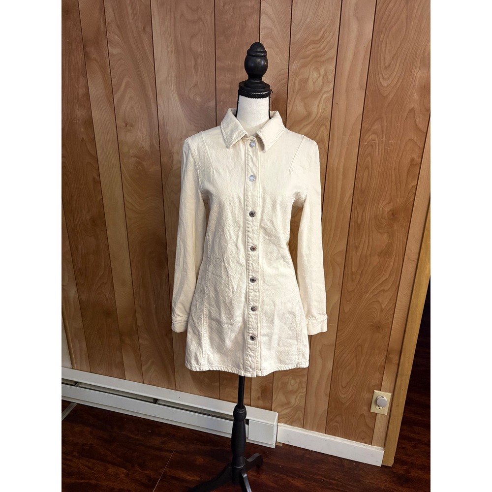 Zara Cream Denim Shirt Dress Ivory Button Front Long Sleeve Mini Dress S